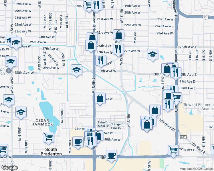 map of restaurants, bars, coffee shops, grocery stores, and more near 3104 11th Street West in Bradenton
