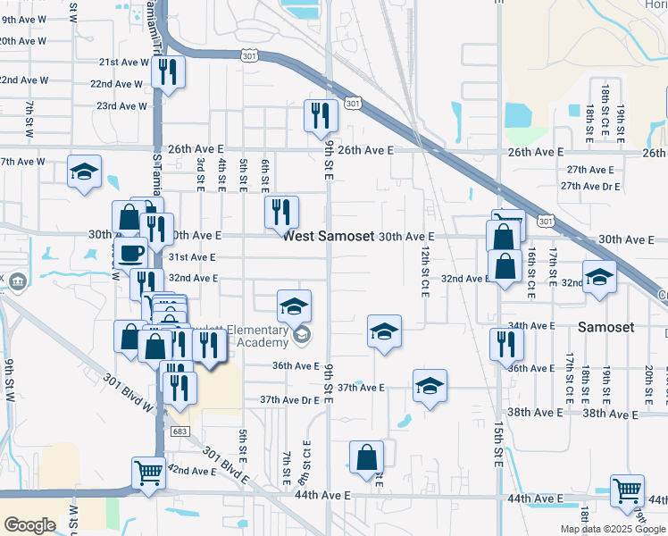 map of restaurants, bars, coffee shops, grocery stores, and more near 921 31st Avenue East in Bradenton