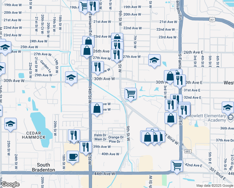 map of restaurants, bars, coffee shops, grocery stores, and more near 3148 9th Street West in Bradenton