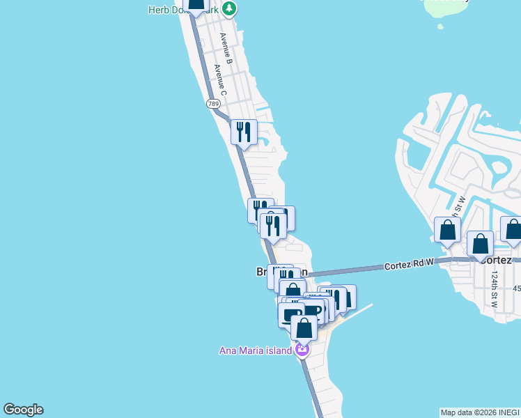 map of restaurants, bars, coffee shops, grocery stores, and more near 1203 Gulf Drive North in Bradenton Beach