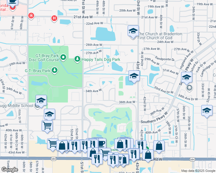 map of restaurants, bars, coffee shops, grocery stores, and more near 4607 34th Avenue Drive West in Bradenton