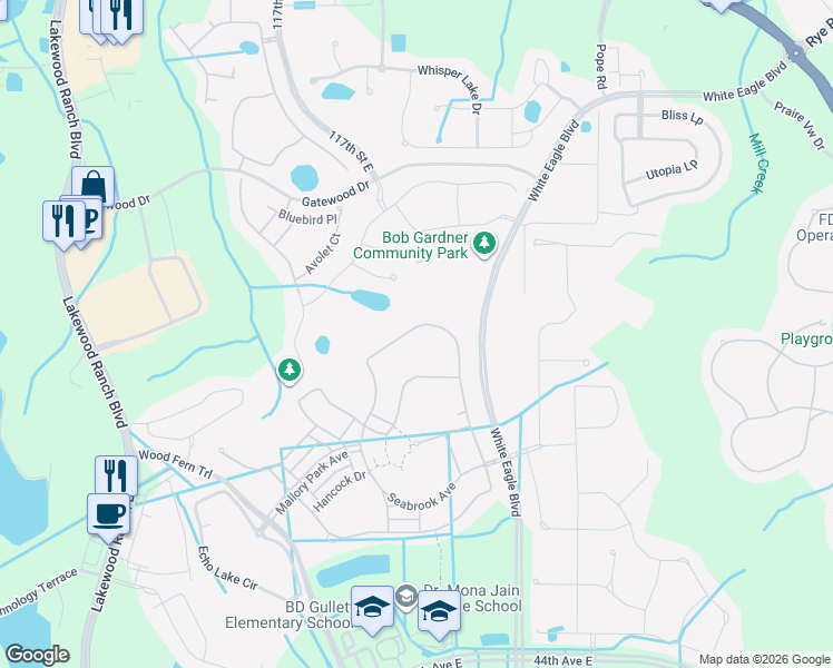 map of restaurants, bars, coffee shops, grocery stores, and more near 3316 Anchor Bay Trail in Lakewood Ranch