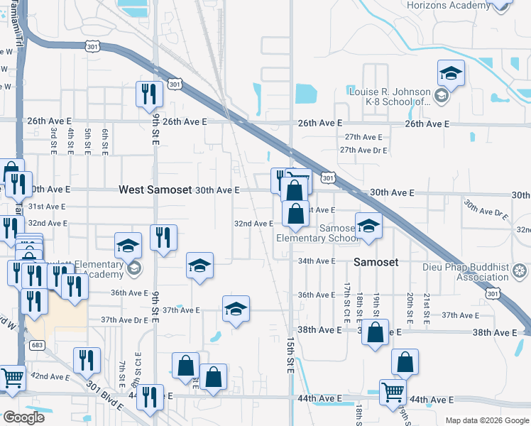 map of restaurants, bars, coffee shops, grocery stores, and more near 1323 31st Avenue East in Bradenton
