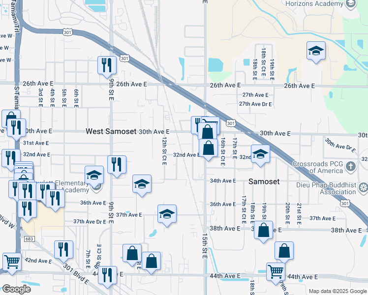 map of restaurants, bars, coffee shops, grocery stores, and more near 1323 31st Avenue East in Bradenton