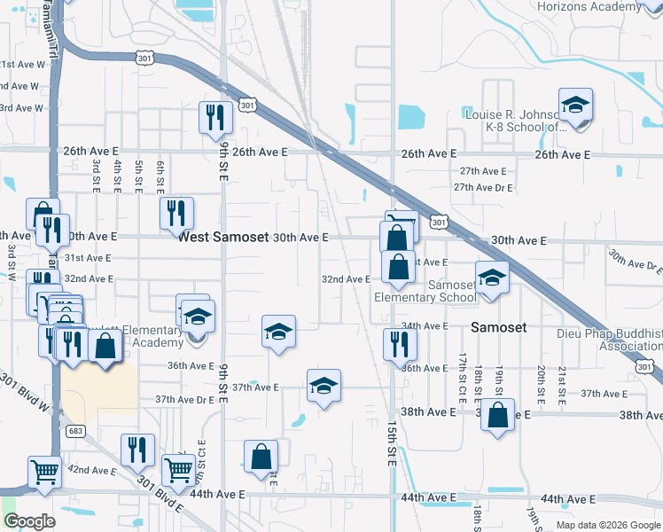 map of restaurants, bars, coffee shops, grocery stores, and more near 1231 31st Avenue East in Bradenton