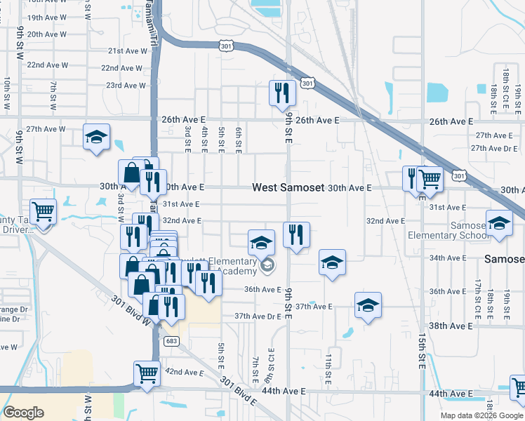 map of restaurants, bars, coffee shops, grocery stores, and more near 619 31st Avenue East in Bradenton