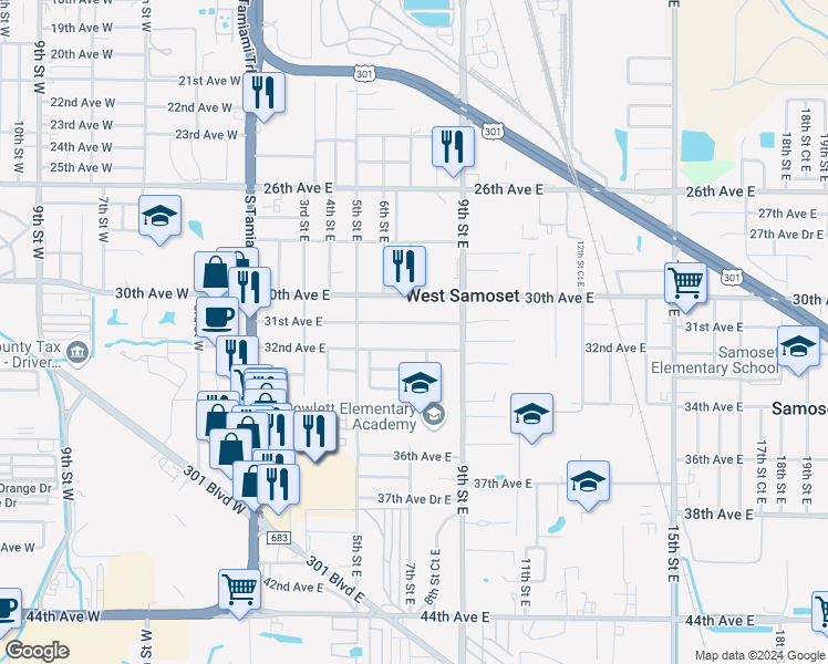 map of restaurants, bars, coffee shops, grocery stores, and more near 619 31st Avenue East in Bradenton