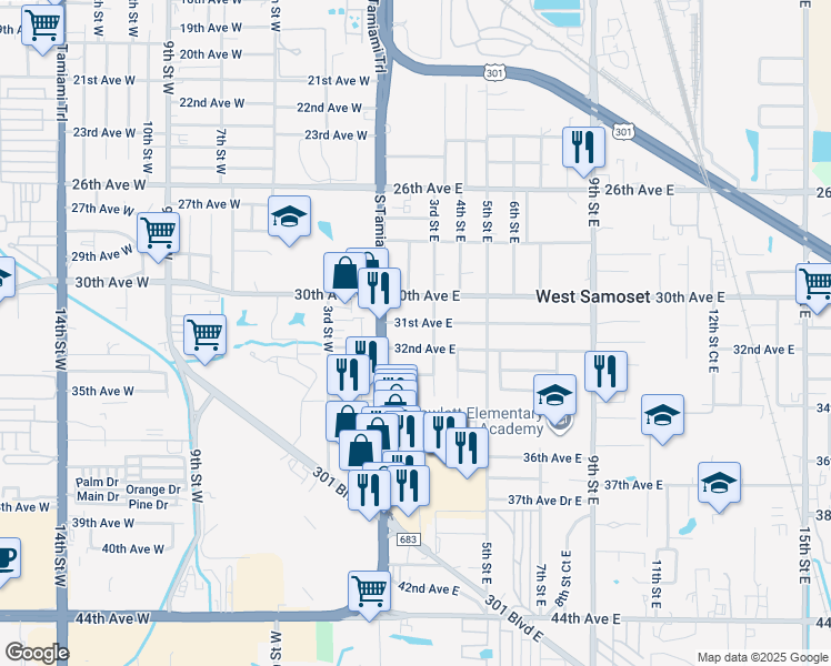 map of restaurants, bars, coffee shops, grocery stores, and more near 213 31st Avenue East in Bradenton