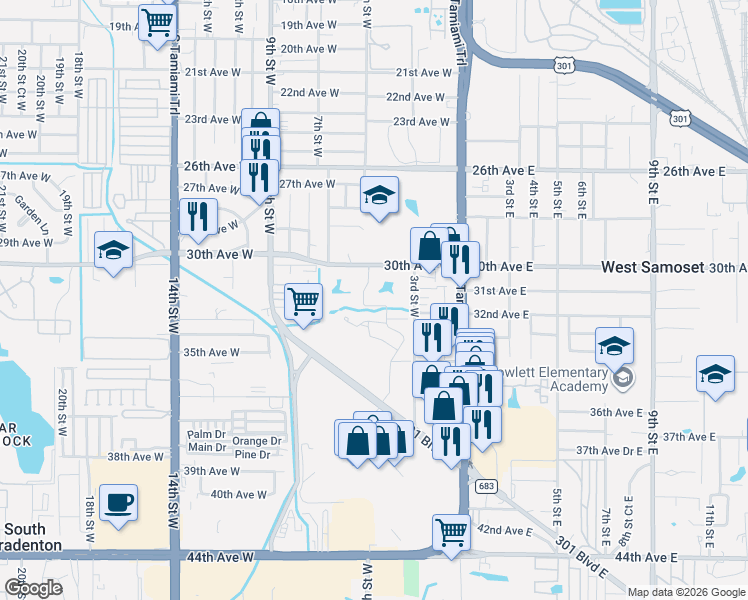 map of restaurants, bars, coffee shops, grocery stores, and more near 435 30th Avenue West in Bradenton