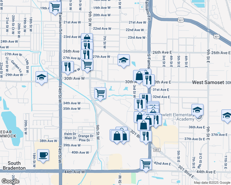 map of restaurants, bars, coffee shops, grocery stores, and more near 435 30th Avenue West in Bradenton