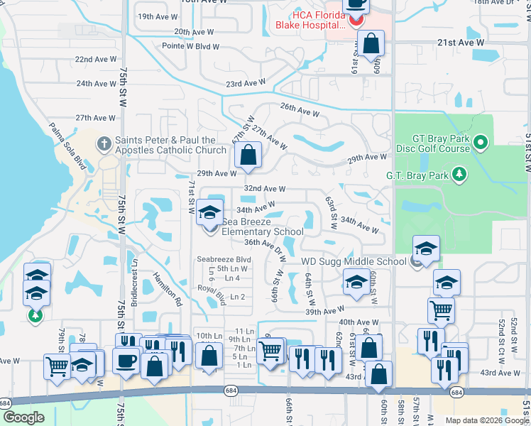 map of restaurants, bars, coffee shops, grocery stores, and more near 6605 34th Avenue West in Bradenton