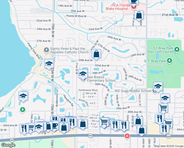 map of restaurants, bars, coffee shops, grocery stores, and more near 3302 69th Street West in Bradenton