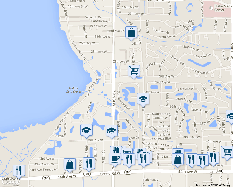 map of restaurants, bars, coffee shops, grocery stores, and more near 3634 Summerwind Circle in Bradenton