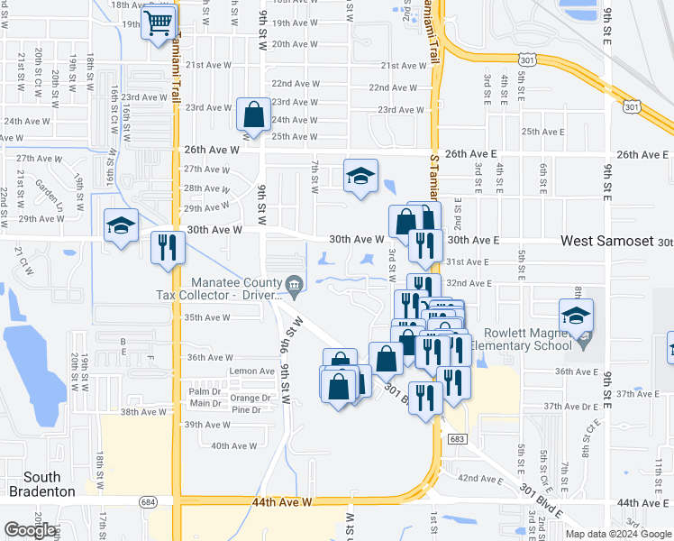 map of restaurants, bars, coffee shops, grocery stores, and more near 505 30th Avenue West in Bradenton