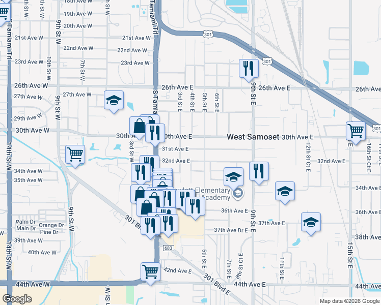 map of restaurants, bars, coffee shops, grocery stores, and more near 307 31st Avenue East in Bradenton