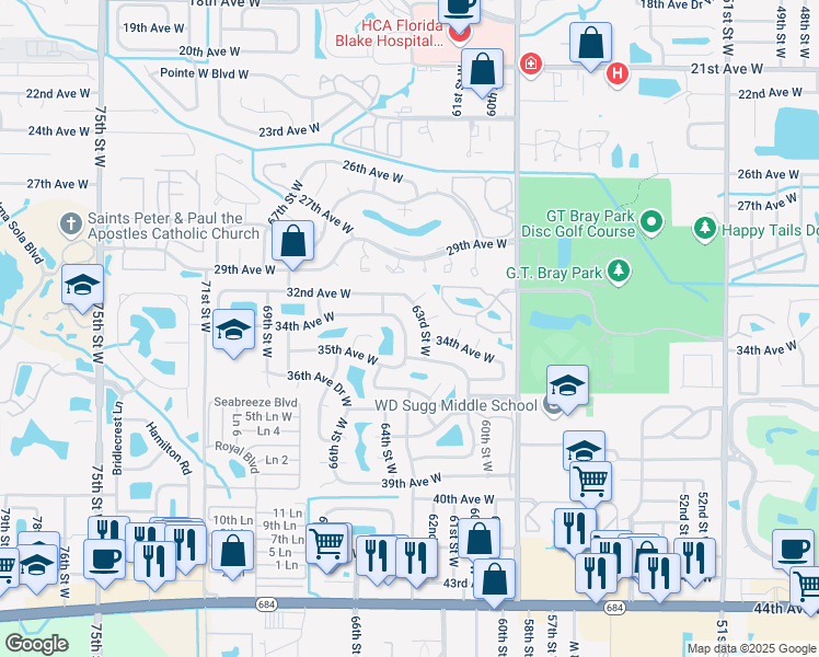 map of restaurants, bars, coffee shops, grocery stores, and more near 3212 63rd Street West in Bradenton