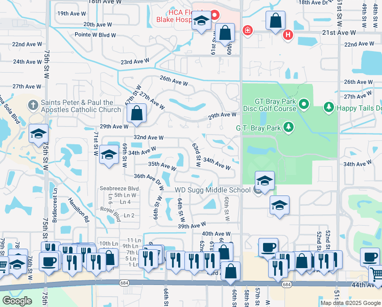 map of restaurants, bars, coffee shops, grocery stores, and more near 3212 63rd Street West in Bradenton