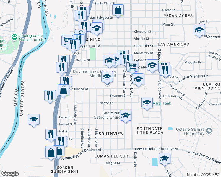 map of restaurants, bars, coffee shops, grocery stores, and more near 2600 Palo Blanco Street in Laredo