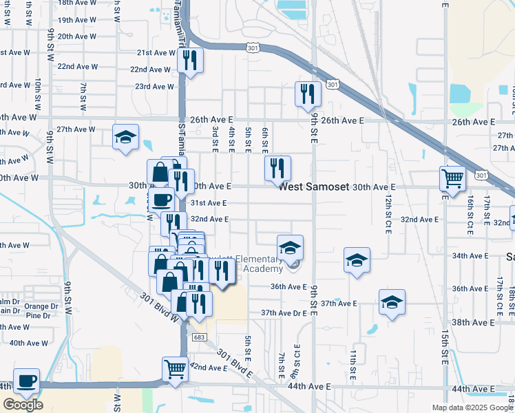 map of restaurants, bars, coffee shops, grocery stores, and more near 504 31st Avenue East in Bradenton