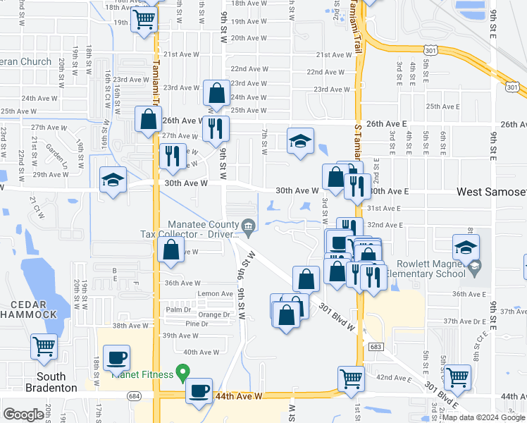 map of restaurants, bars, coffee shops, grocery stores, and more near 820 31st Avenue West in Bradenton