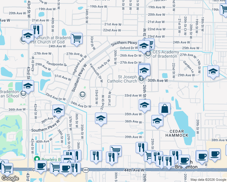 map of restaurants, bars, coffee shops, grocery stores, and more near 3111 Taunton Drive West in Bradenton