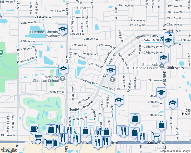 map of restaurants, bars, coffee shops, grocery stores, and more near 3506 33rd Avenue West in Bradenton