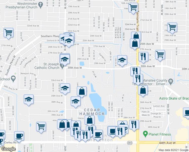 map of restaurants, bars, coffee shops, grocery stores, and more near 3024 21 Court West in Bradenton