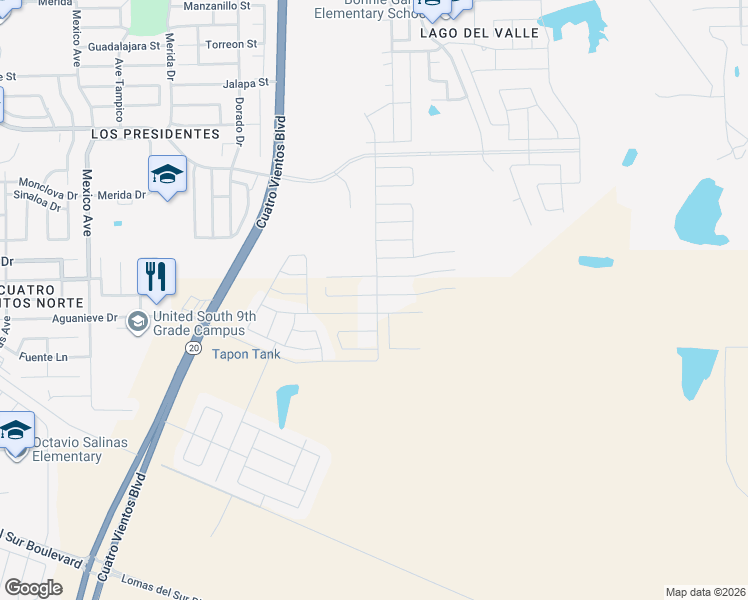 map of restaurants, bars, coffee shops, grocery stores, and more near Cuarto Vientos Boulevard in Laredo