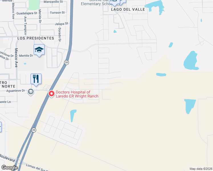 map of restaurants, bars, coffee shops, grocery stores, and more near 1610 Concord Hills Boulevard in Laredo