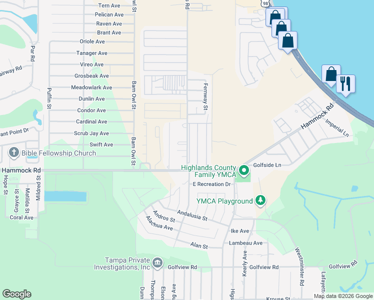 map of restaurants, bars, coffee shops, grocery stores, and more near 2876 Louis Street in Sebring