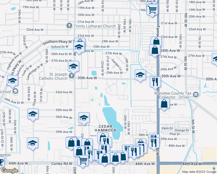 map of restaurants, bars, coffee shops, grocery stores, and more near 3024 21 Court West in Bradenton