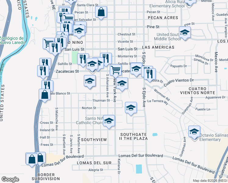 map of restaurants, bars, coffee shops, grocery stores, and more near 2820 Palo Blanco Street in Laredo