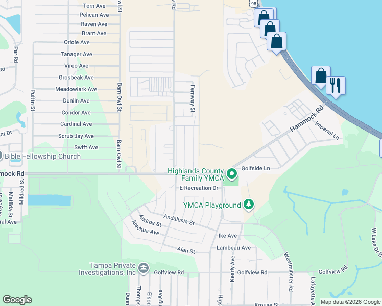 map of restaurants, bars, coffee shops, grocery stores, and more near 2907 Roger Street in Sebring