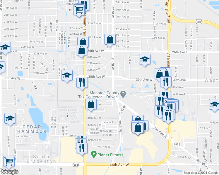 map of restaurants, bars, coffee shops, grocery stores, and more near 3148 9th Street West in Bradenton
