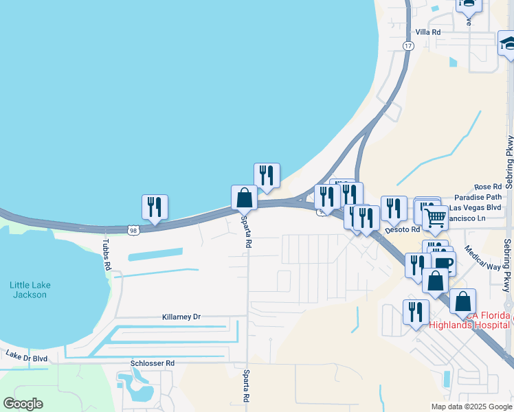 map of restaurants, bars, coffee shops, grocery stores, and more near 2651 North US Highway 27 in Sebring