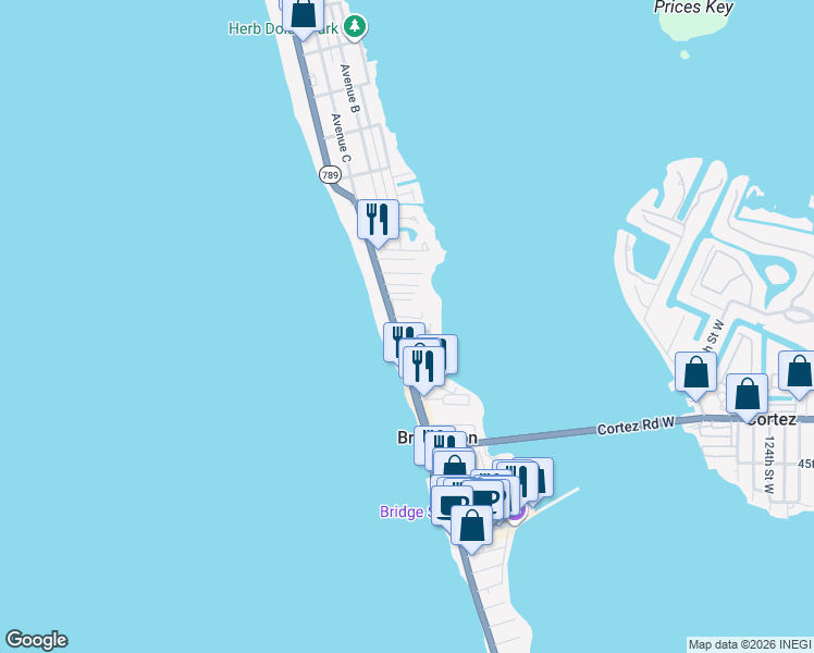 map of restaurants, bars, coffee shops, grocery stores, and more near 1203 Gulf Drive North in Bradenton Beach