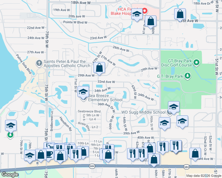 map of restaurants, bars, coffee shops, grocery stores, and more near 6605 34th Avenue West in Bradenton