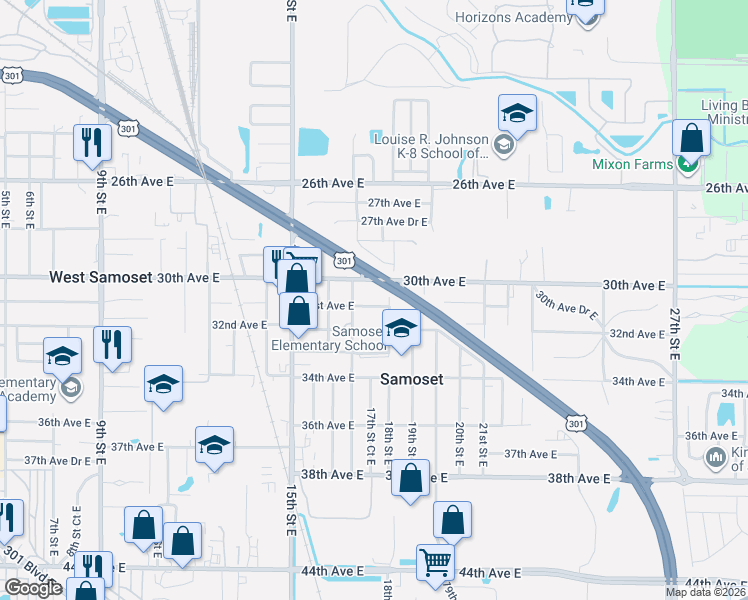 map of restaurants, bars, coffee shops, grocery stores, and more near 1715 31st Avenue East in Bradenton