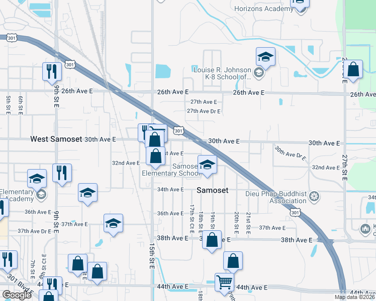 map of restaurants, bars, coffee shops, grocery stores, and more near 1715 31st Avenue East in Bradenton