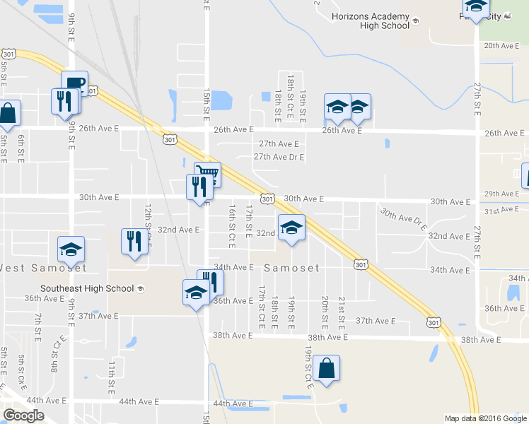 map of restaurants, bars, coffee shops, grocery stores, and more near 1715 31st Avenue East in Bradenton