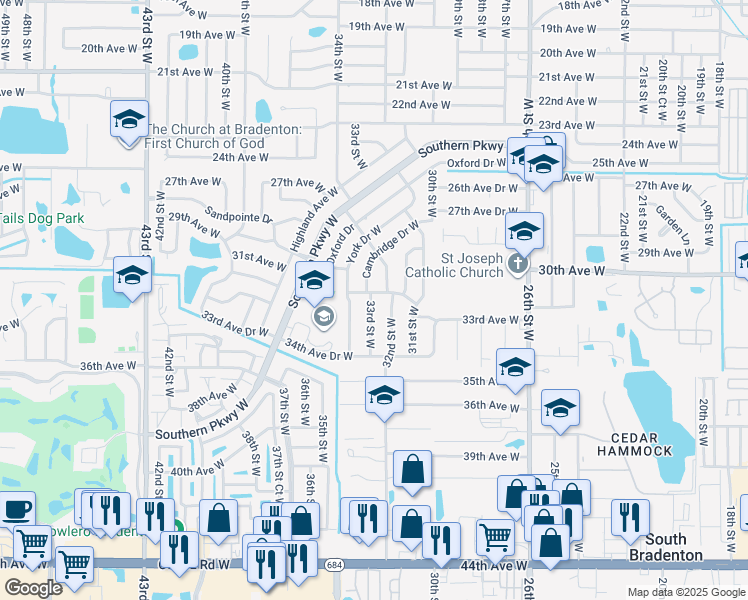map of restaurants, bars, coffee shops, grocery stores, and more near 3517 Newport Avenue West in Bradenton