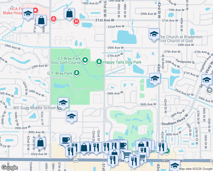 map of restaurants, bars, coffee shops, grocery stores, and more near 5016 32nd Avenue Drive West in Bradenton