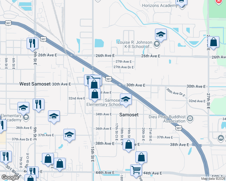 map of restaurants, bars, coffee shops, grocery stores, and more near 1715 31st Avenue East in Bradenton