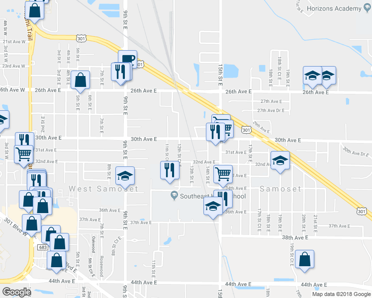 map of restaurants, bars, coffee shops, grocery stores, and more near 1231 31st Avenue East in Bradenton