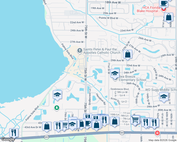 map of restaurants, bars, coffee shops, grocery stores, and more near 3634 Summerwind Circle in Bradenton