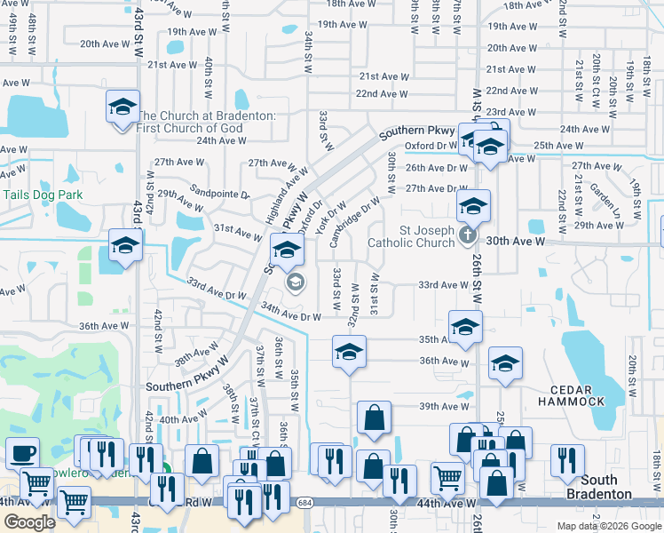 map of restaurants, bars, coffee shops, grocery stores, and more near 3517 Newport Avenue West in Bradenton