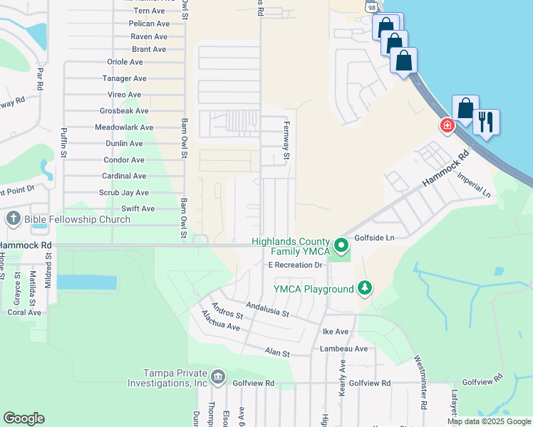 map of restaurants, bars, coffee shops, grocery stores, and more near 2876 Louis Street in Sebring