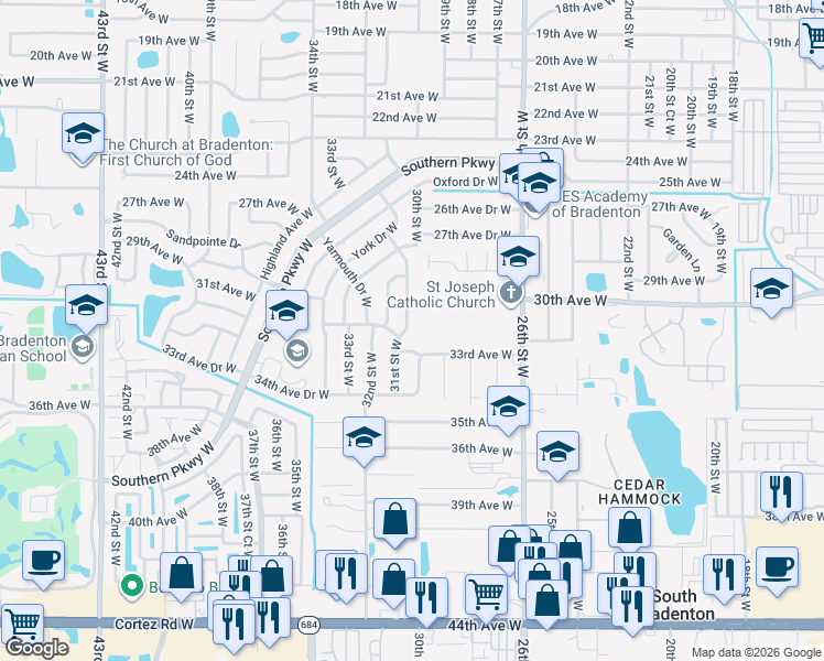 map of restaurants, bars, coffee shops, grocery stores, and more near 3111 Taunton Drive West in Bradenton