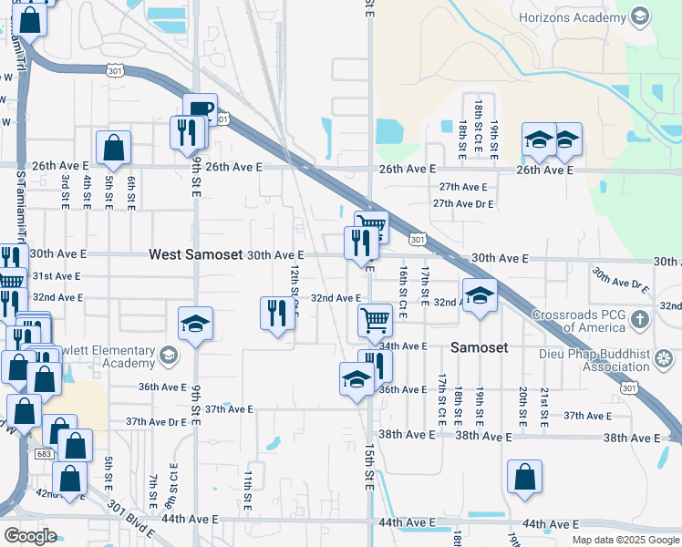 map of restaurants, bars, coffee shops, grocery stores, and more near 1323 31st Avenue East in Bradenton