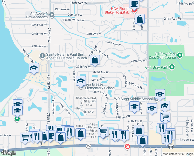map of restaurants, bars, coffee shops, grocery stores, and more near 6708 34th Avenue West in Bradenton